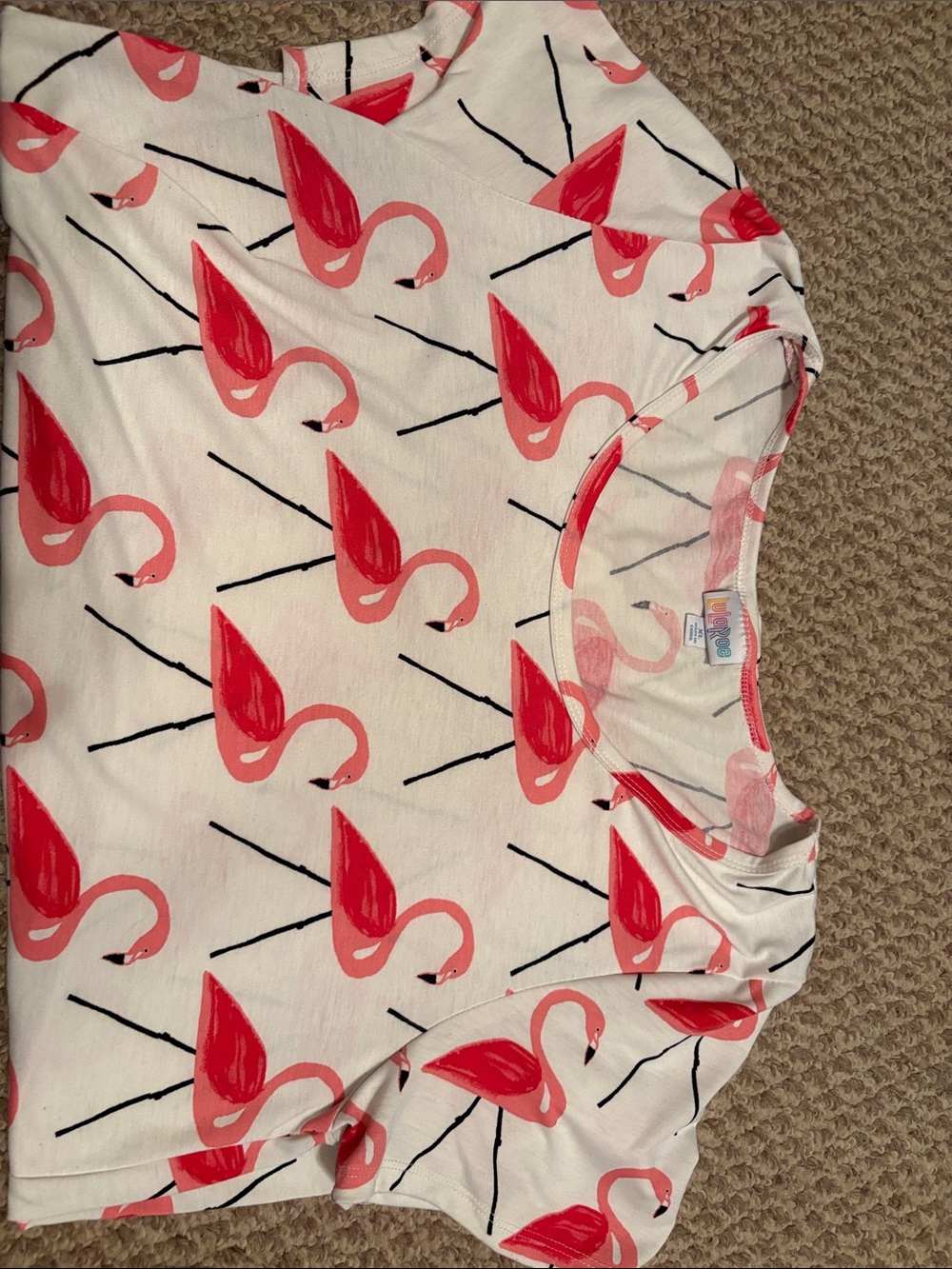 LuLaRoe White Tee with Pink Flamingo Print
